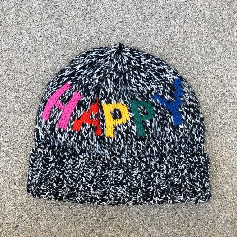 GAP HAPPY Cuffed Beanie Women's Knit Grey Hat Cap Acrylic Letters​​​​​